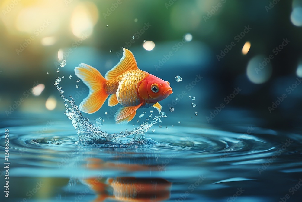 Poster goldfish jumps out of water creating splashes during bright outdoor setting in a peaceful environmen