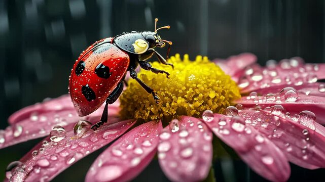 A vibrant red ladybug resting on a pink flower with fresh raindrops glistening in soft light