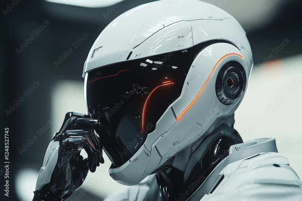 Aufkleber Futuristic humanoid robot wearing a sleek helmet with glowing accents in a high-tech environment