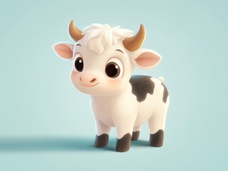 Cute cartoon cow character smiling against a light blue background