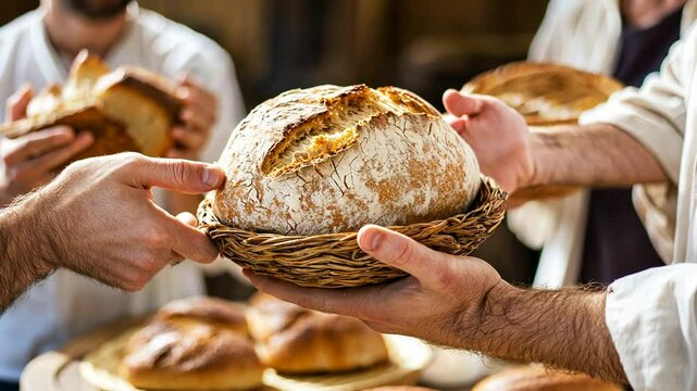 Yeshua Sharing Bread with Disciples in Unity Meal