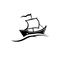 Black silhouette of a sailboat on a white background, featuring sailing and nautical elements.
