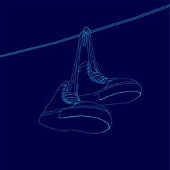 Fototapeta premium A pair of shoes hanging on a clothesline. The shoes are blue. The image has a moody, somewhat melancholic feel to it