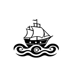 Black-and-White Ship on Waves Icon: Nautical Sailing Illustration