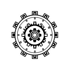 Mechanical, Gear-Shaped, Black and White Illustration with Circular Pattern, Gears inside a Larger Gear.