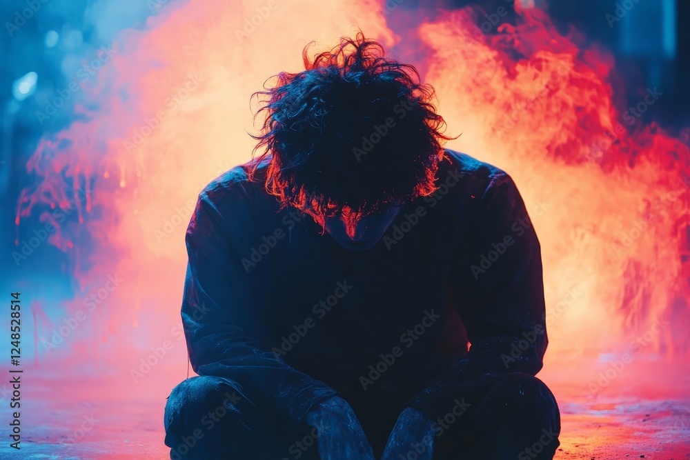 Poster expression of despair in a dramatic setting with vibrant smoke and intense lighting effects