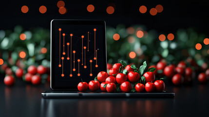 A digital tablet displays a modern design surrounded by vibrant cherry tomatoes, creating a fresh and innovative culinary scene.