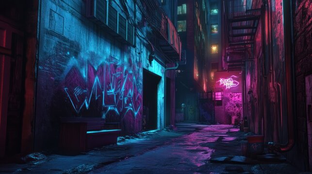 Fototapeta Neon-lit urban alleyway at night  graffiti, background city lights  game background