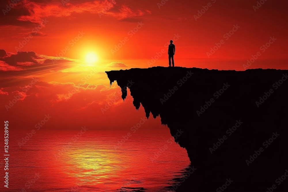 Poster sunset view from a cliff with a solitary figure overlooking the vibrant ocean and sky