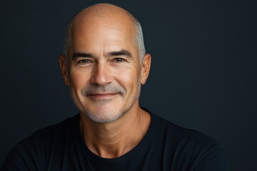 Smiling middle-aged man with a bald head and beard, wearing a black shirt, against a dark background