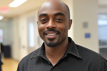 Smiling man with a close-cropped beard in a modern indoor setting during a casual event