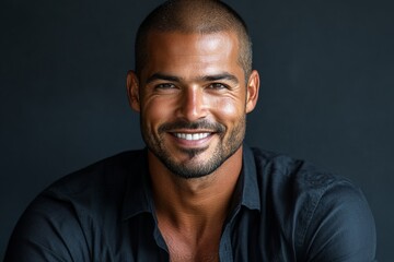 Obraz premium Confident man smiling in a dark setting with a relaxed posture and stylish attire