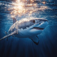 Naklejka premium Great White Shark Swims, Ocean Sunlight, Majestic Predator