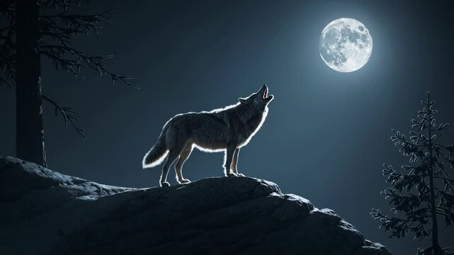 A lone wolf howls at the full moon on a rocky hill, captured in a dramatic low-angle shot, creating a mysterious, cinematic video scene.