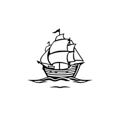 Black-and-white silhouette of a sailing ship in the middle of a white background, set in the water.