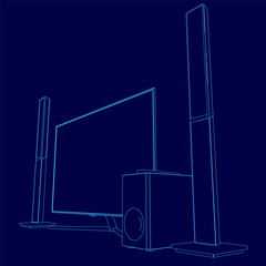 A blue image of a television and speakers. The speakers are placed on the right side of the television, and the television is positioned in the center of the image