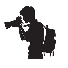 Silhouette Photographer with Backpack Taking Pictures Vector Graphic Art