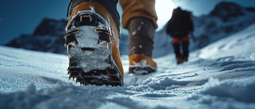 Close-up of determined mountain climbers with snowy boots hiking upwards, capturing the rigorous adventure of conquering the icy terrain.