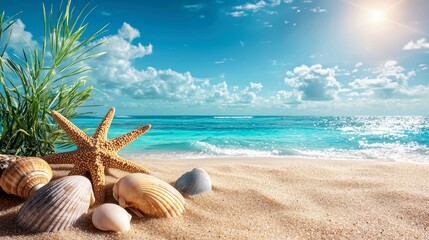 Seashells and Starfish on a Sunny Beach: Idyllic Summer Vacation Scene
