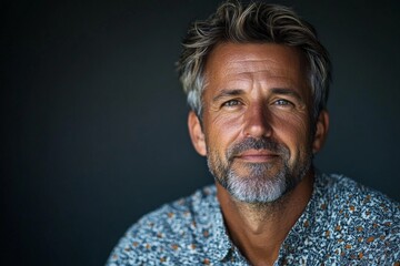 Obraz premium Middle-aged man with gray hair smiles warmly during a casual indoor session in natural light