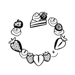 Black and White illustration of a wreath with strawberries, cake, and desserts.