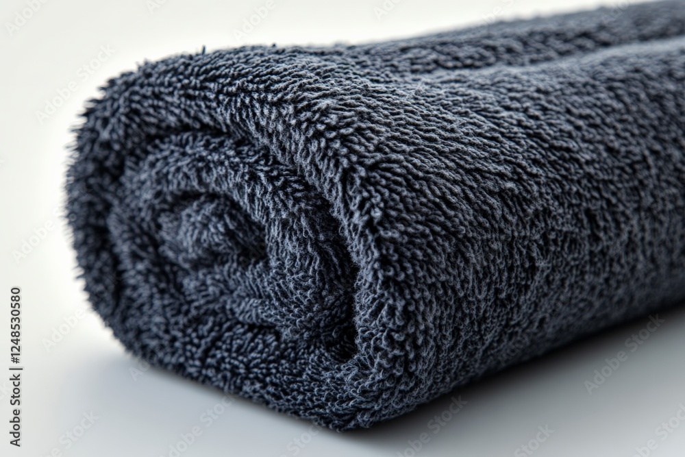 Poster soft dark gray towel rolled neatly on a surface, ideal for bathroom or spa use