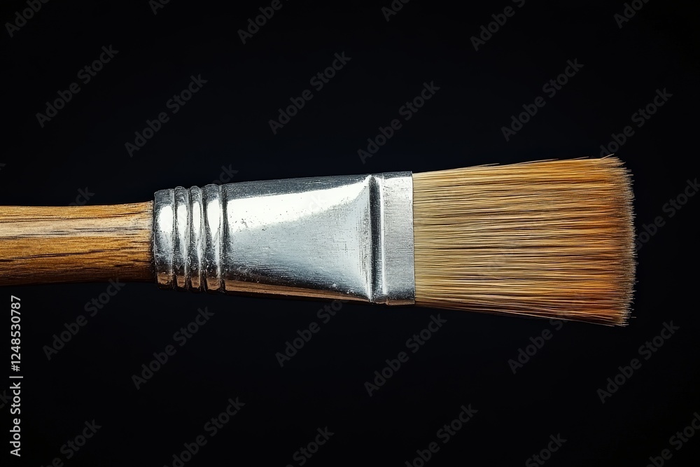 Poster close-up view of a paintbrush showcasing its wooden handle and fine bristles with a sleek metallic f