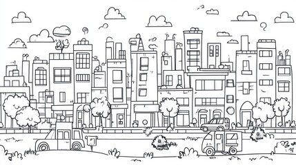 Obraz premium Cityscape line art, urban street scene, vehicles, coloring book page