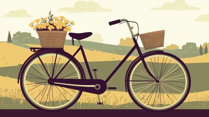 Fototapeta premium Vintage Bicycle with Flowers in Basket, Countryside Landscape
