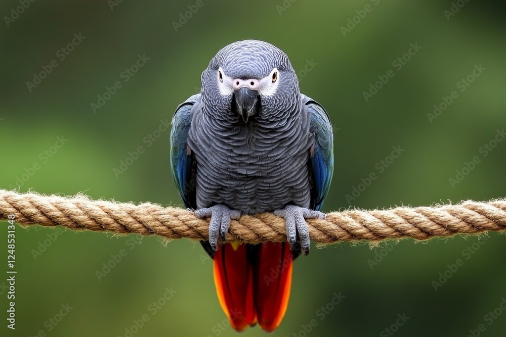 Aufkleber gray parrot perched on a rope with vibrant tail feathers in a natural setting