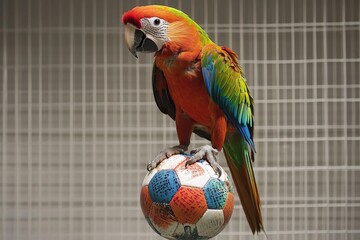 Colorful macaw perched on a soccer ball in a playful indoor setting while showcasing its vibrant feathers