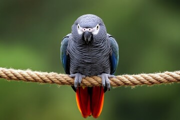 Fototapeta premium Gray parrot perched on a rope with vibrant tail feathers in a natural setting