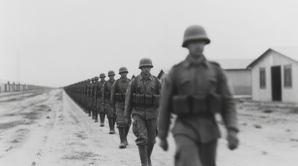 Soldiers march along a barren path near barracks during a military exercise in a desolate landscape