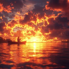 Fototapeta premium Fiery Sunset: Fisherman's Solitary Evening Catch