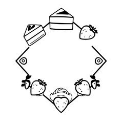 Elegant contour line drawing of a frame featuring cake slices and strawberries.