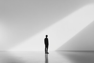 silhouette of a person standing in a minimalist room with bright light