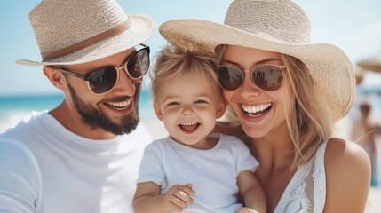 Happy family with toddler enjoying summer vacation at the beach wearing sunglasses and straw hats under sunny sky