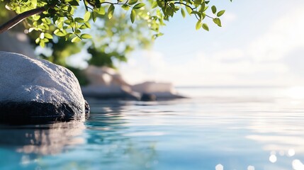 Naklejka premium Serene tropical lagoon with crystal-clear water and lush green foliage reflecting sunlight in a peaceful natural setting