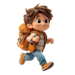 A cartoon boy is running with a backpack on