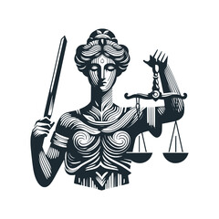 The justice lady black white illustration. vector symbol.