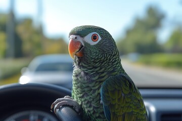 Obraz premium Colorful parrot enjoys sunshine while perched on car steering wheel on a clear day