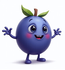 Plum Character with Cute Face, 2D Kids Illustration on White Background

