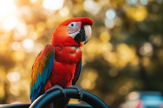 Colorful parrot perched on a car steering wheel during a sunny afternoon in a vibrant natural setting