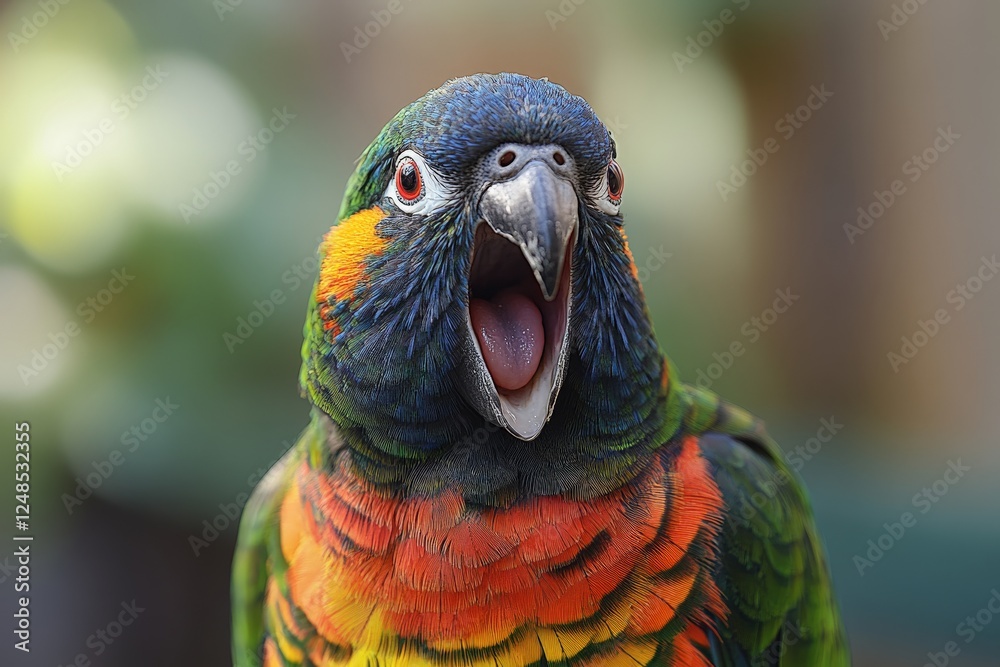 Aufkleber Colorful parrot displaying vibrant feathers while calling out in a lush garden setting during daylight hours
