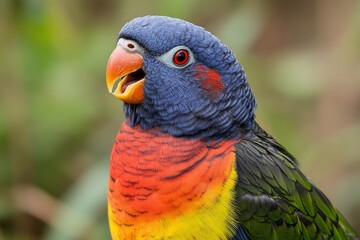 Naklejka premium Colorful parrot perched among greenery displaying vibrant feathers and lively expression during a sunny day