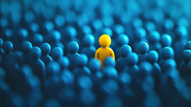 One brilliant yellow leader figure among blue crowd, leadership, unique talent selection, business recruitment