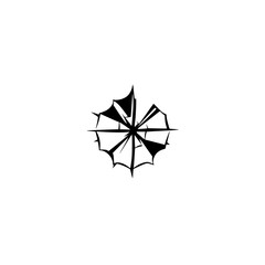 A black and white stylized illustration of a compass with a circular, jagged design set against a white background, simple.