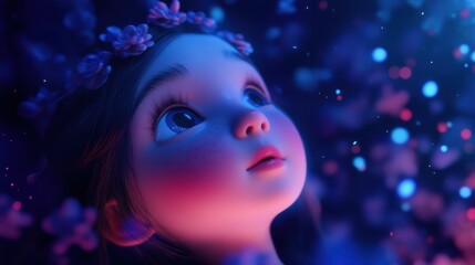 close-up of a child's face looking up with flowers in her hair