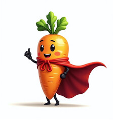 Carrot Superhero with Cape, 2D Kids Illustration on White Background

