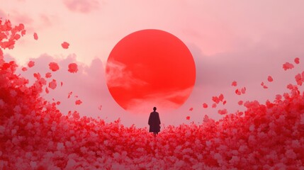 silhouette of a person standing in a red field under a red sun.
